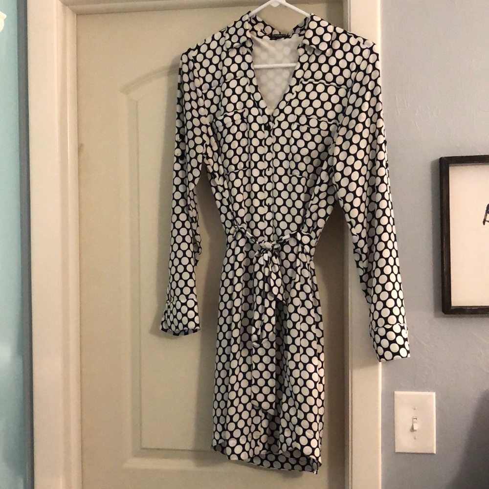 Bottom down, black-white polka dot dress